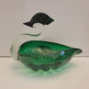 Murano Style Green & Clear Glass Swan Decorative Bowl